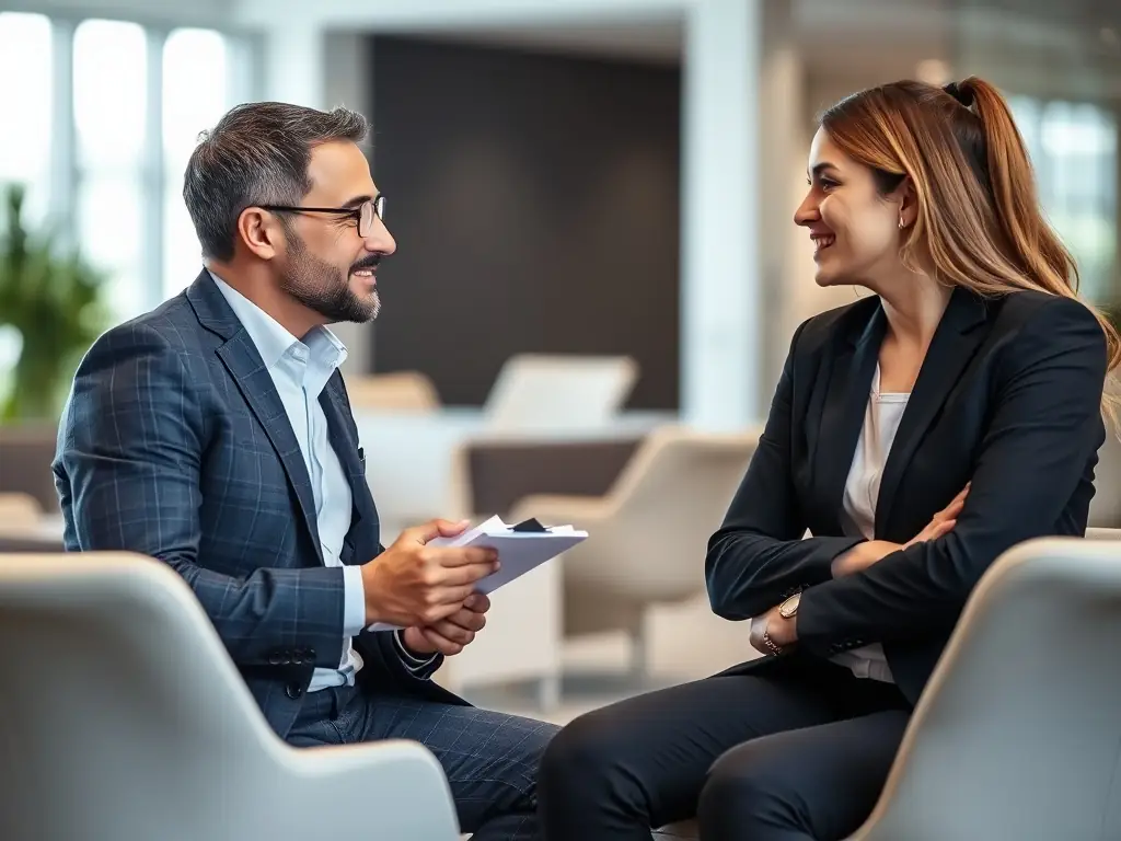 A professional recruiter interviewing a candidate in a modern office setting, focusing on the recruiter's attentive listening and the candidate's confident demeanor.