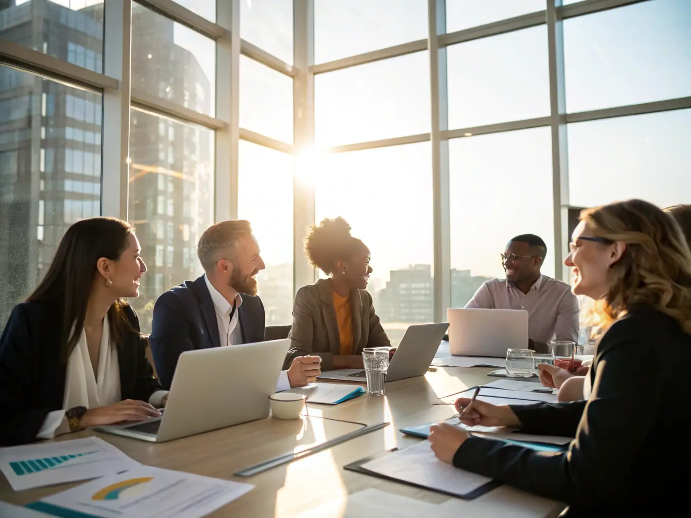 A diverse team of professionals collaborating on a recruitment strategy in a bright and modern office, emphasizing teamwork and expertise.